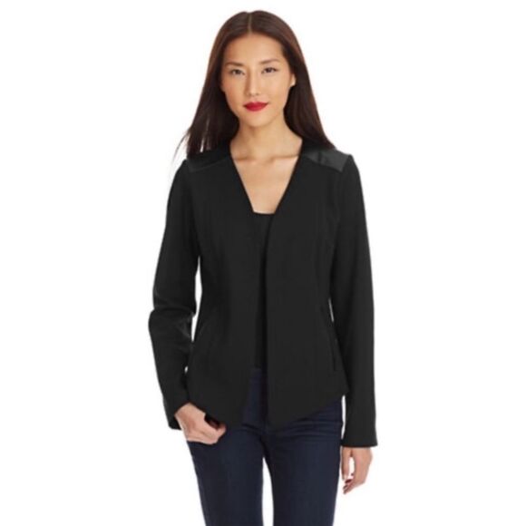 Eileen Fisher Hi-Lo Black Open Front Leather Trim Blazer Jacket - Picture 1 of 8